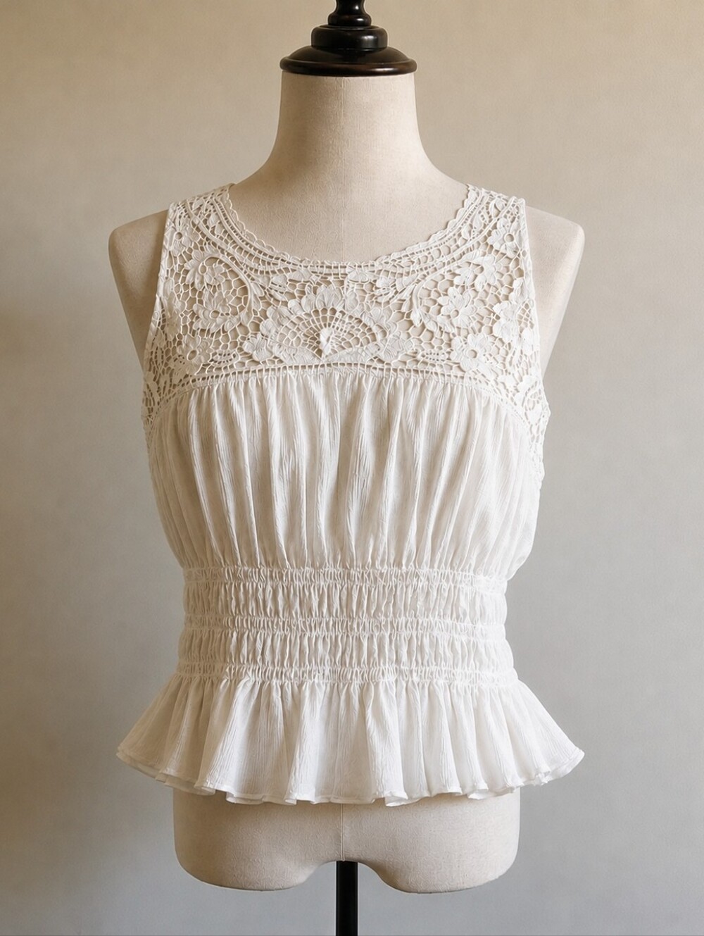 Atelier Cream Lace Yoke Smocked Peplum Tank